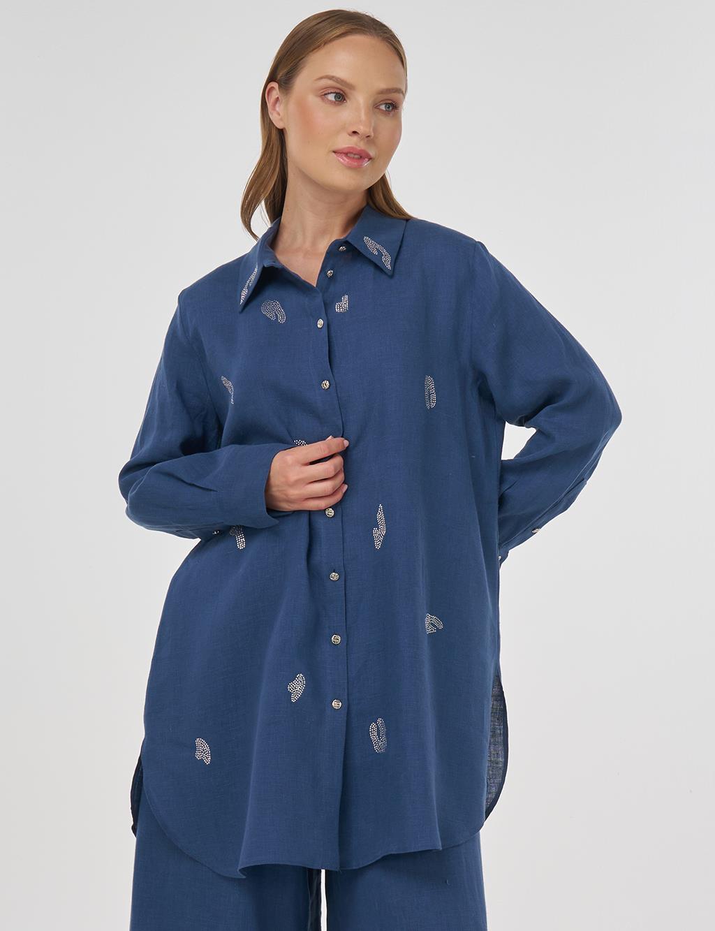 100% Linen Hotfix Printed Tunic Indigo