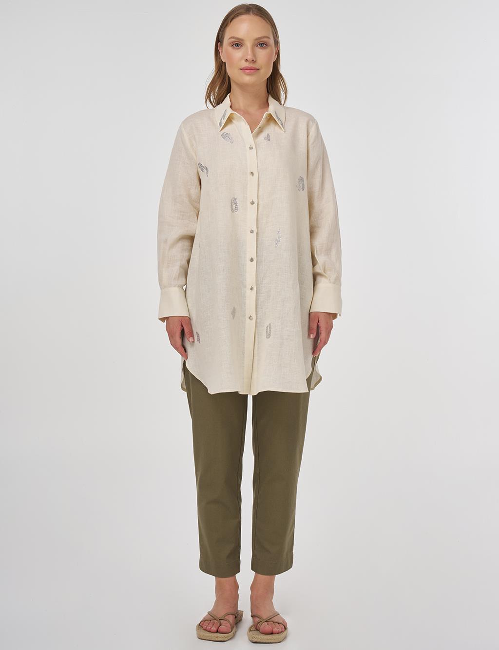 100% Linen Hotfix Printed Tunic Cream 