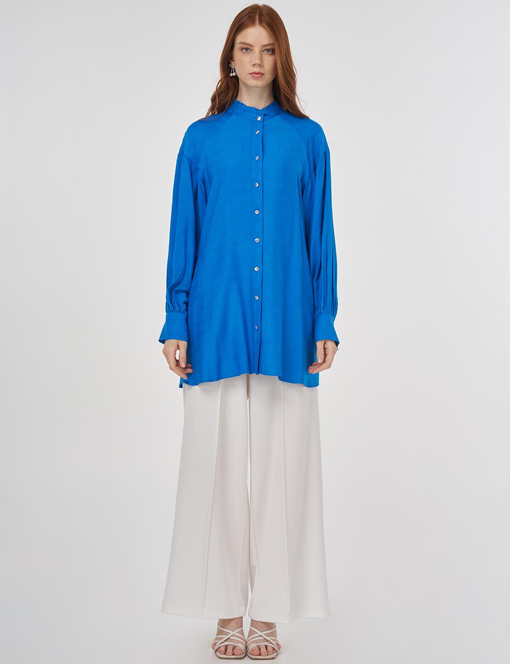 Ruffled Collar Viscose Tunic Cobalt Blue
