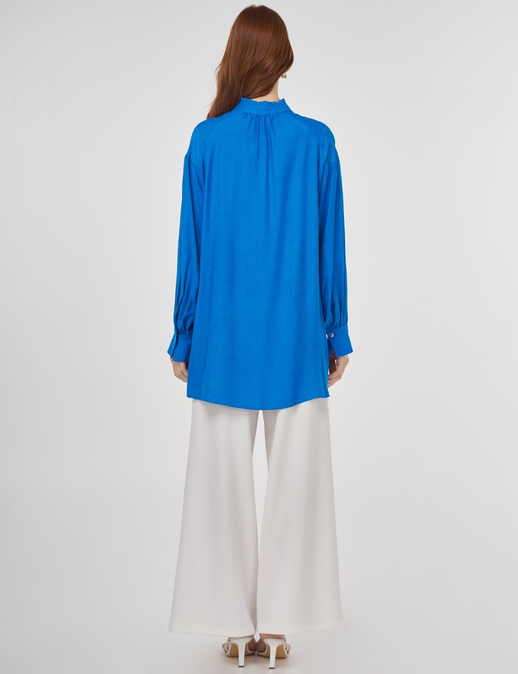 Ruffled Collar Viscose Tunic Cobalt Blue