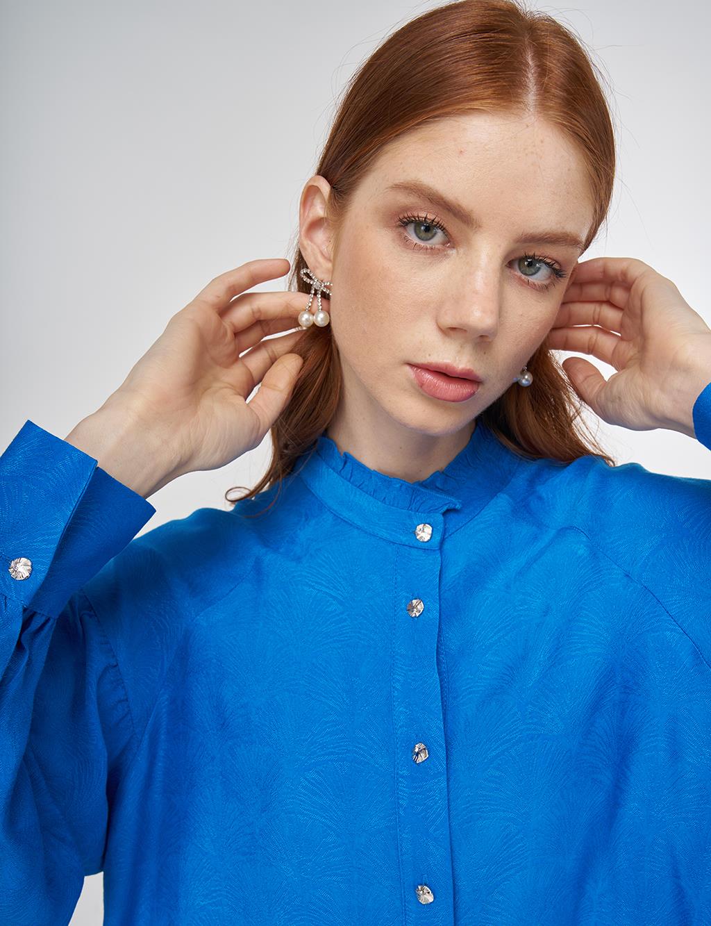 Ruffled Collar Viscose Tunic Cobalt Blue