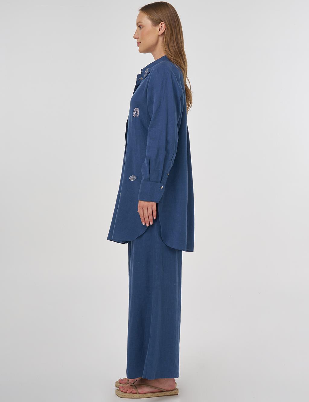 100% Linen Hotfix Printed Tunic Indigo