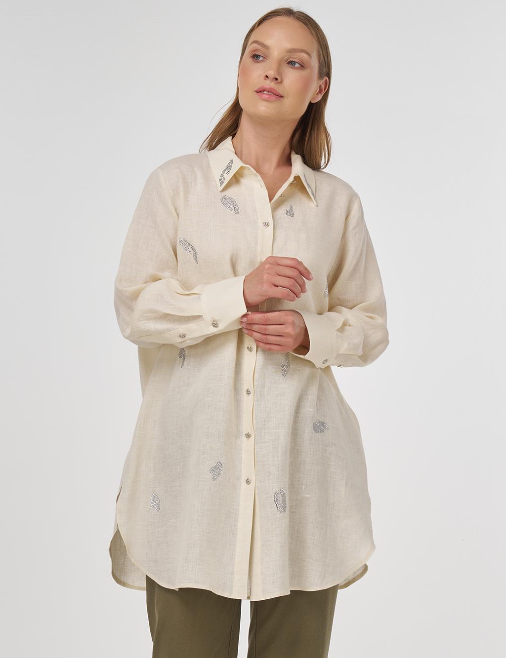 100% Linen Hotfix Printed Tunic Cream 