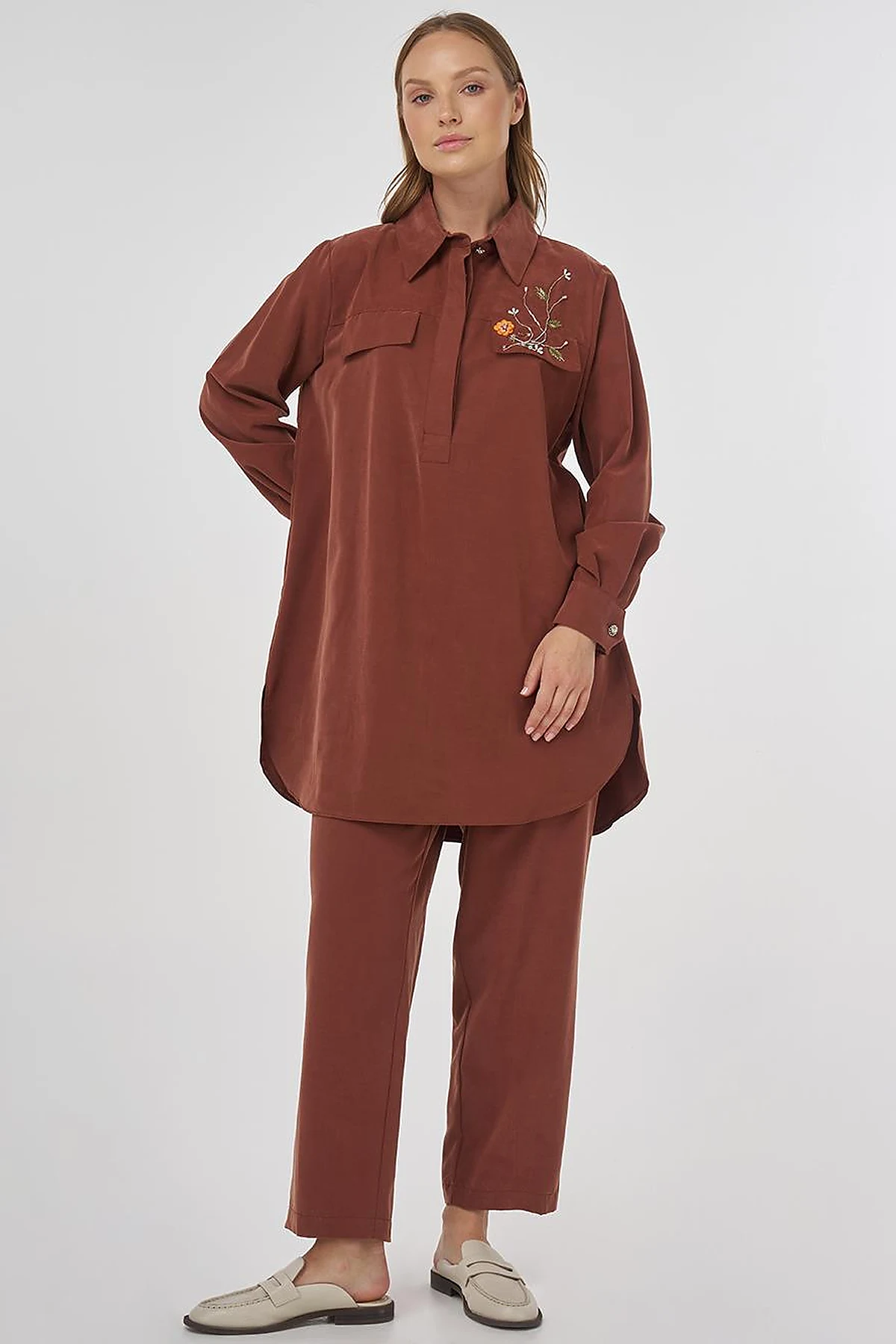 Modal Two-Piece Set with Flap Pockets Brown
