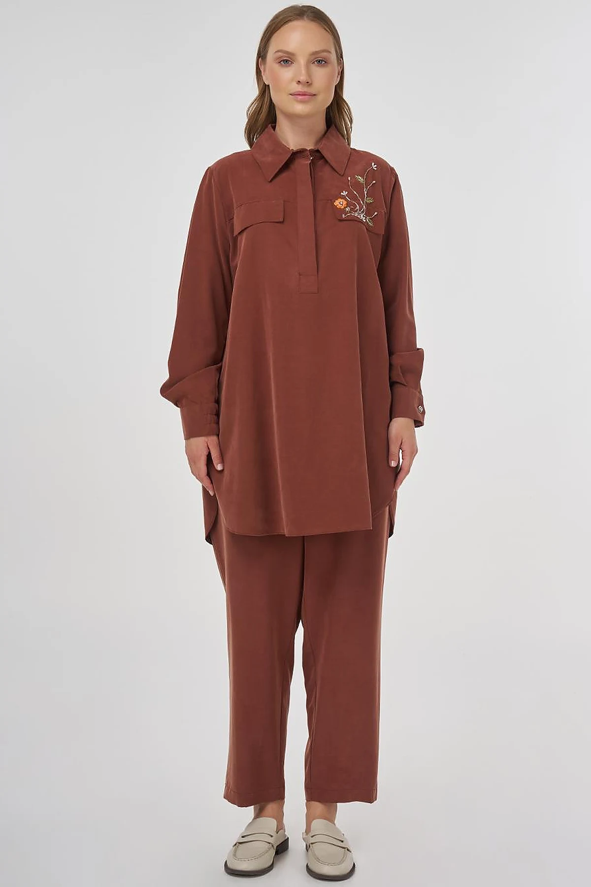 Modal Two-Piece Set with Flap Pockets Brown
