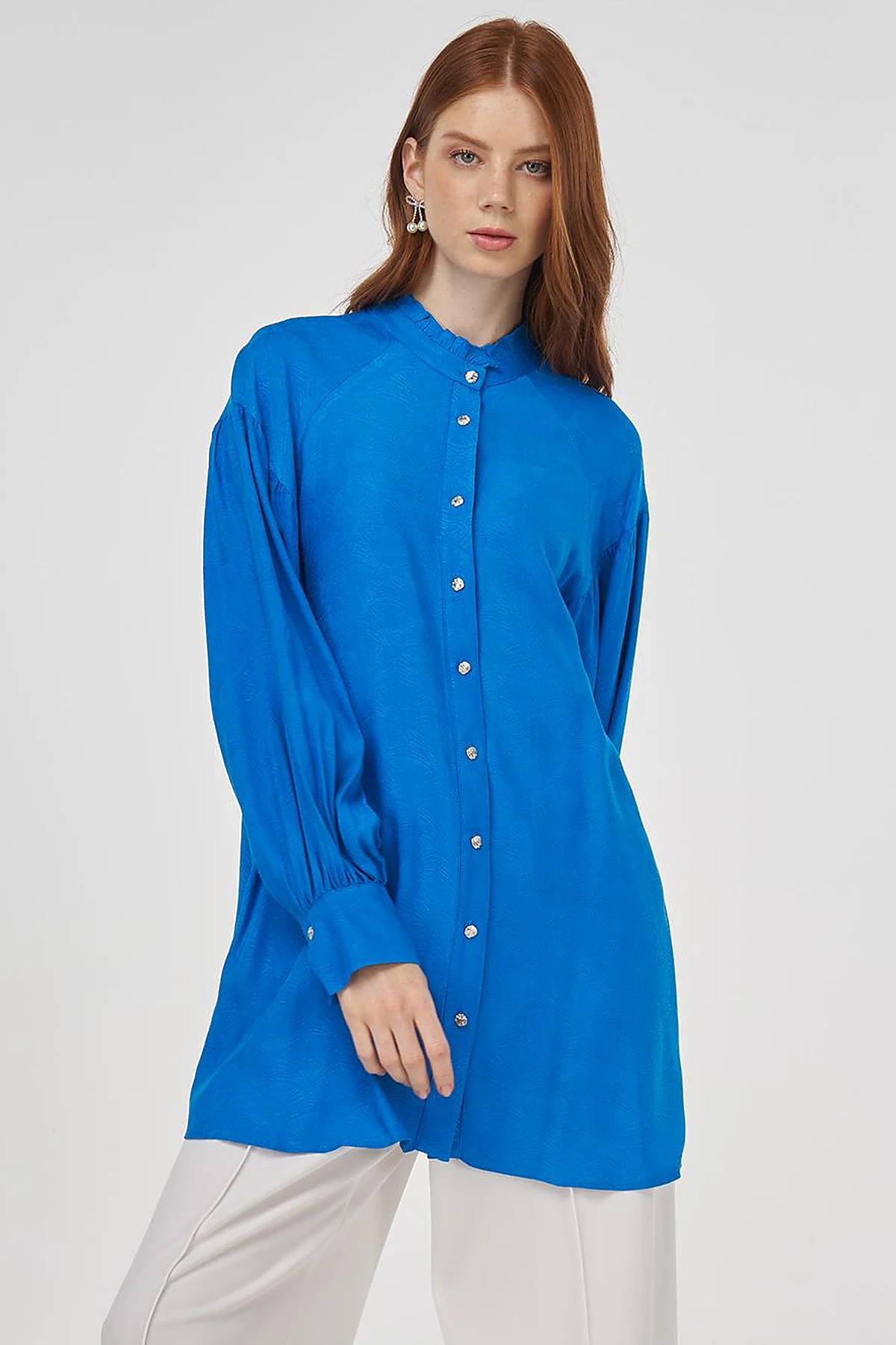 Ruffled Collar Viscose Tunic Cobalt Blue