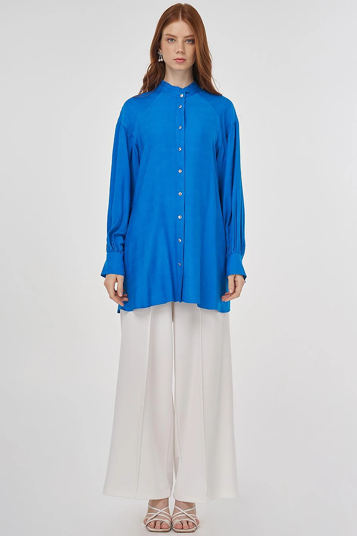 Ruffled Collar Viscose Tunic Cobalt Blue