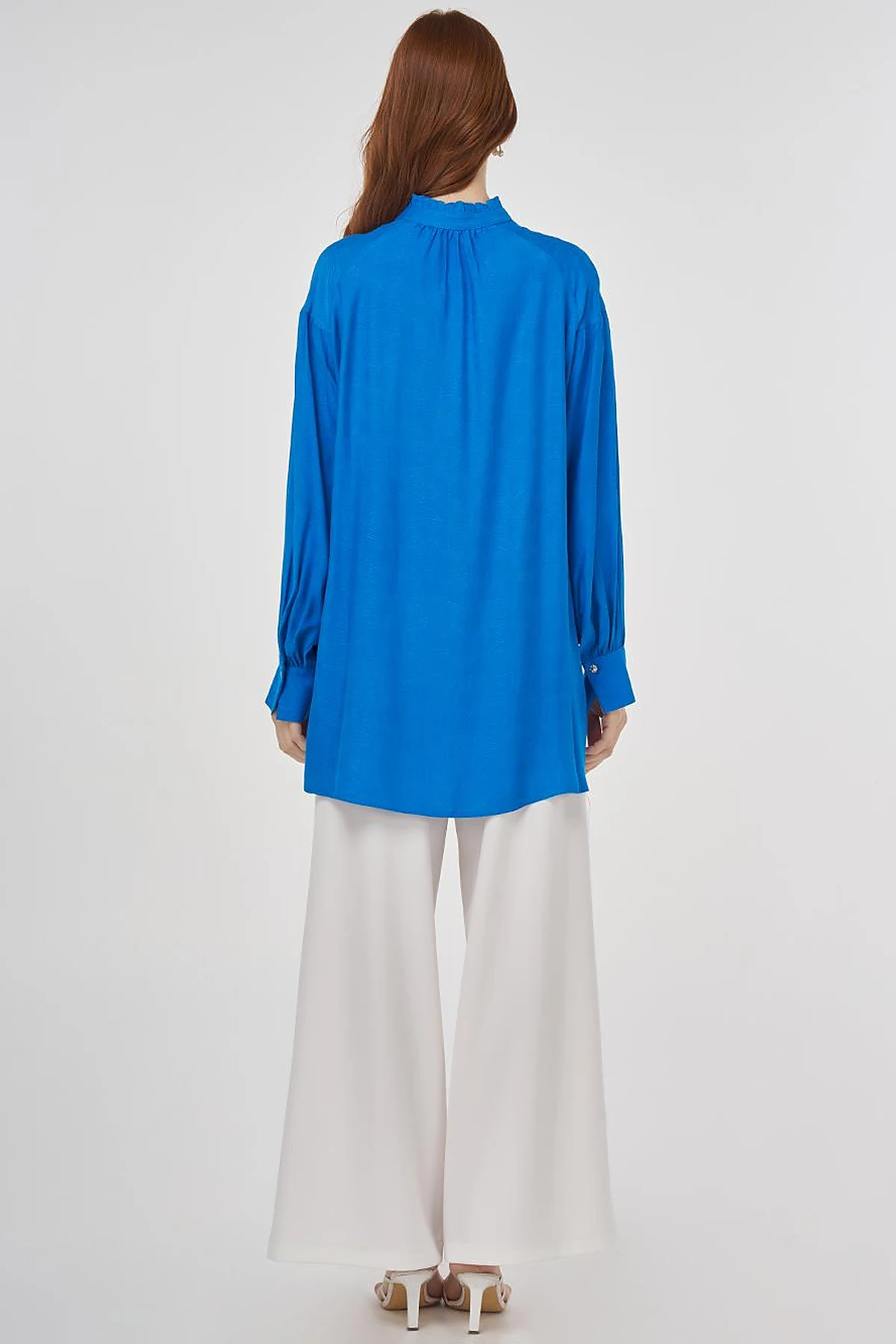 Ruffled Collar Viscose Tunic Cobalt Blue