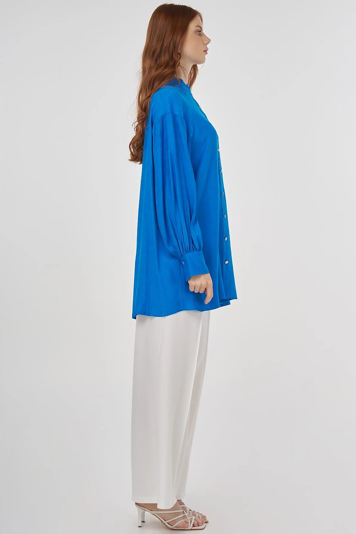 Ruffled Collar Viscose Tunic Cobalt Blue