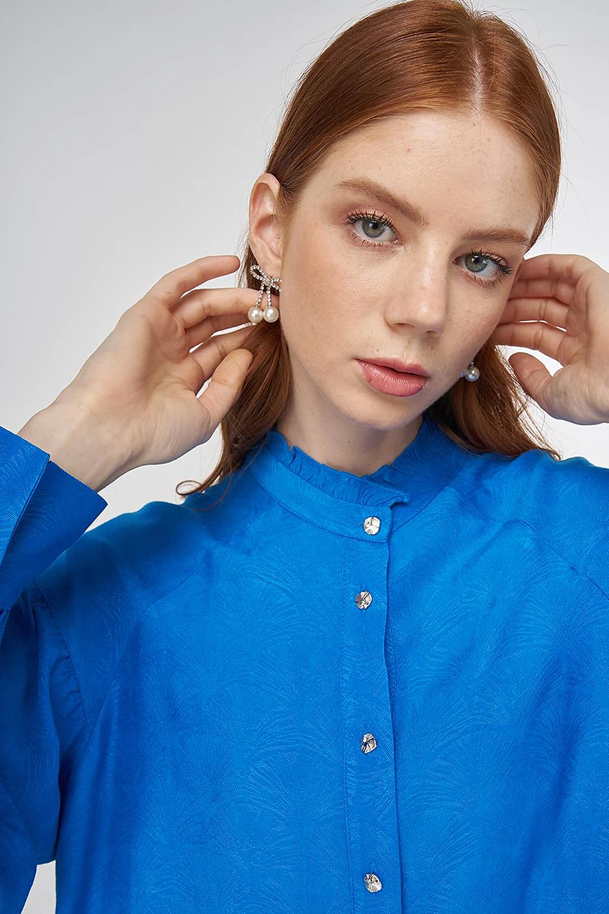 Ruffled Collar Viscose Tunic Cobalt Blue