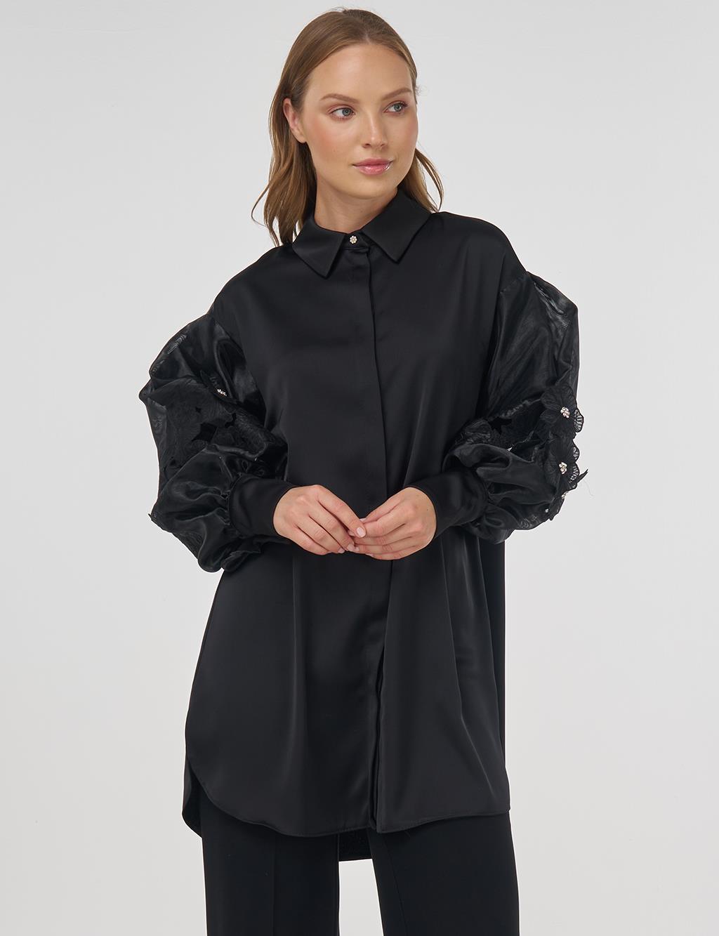 Floral Appliqué Satin Tunic in Black 