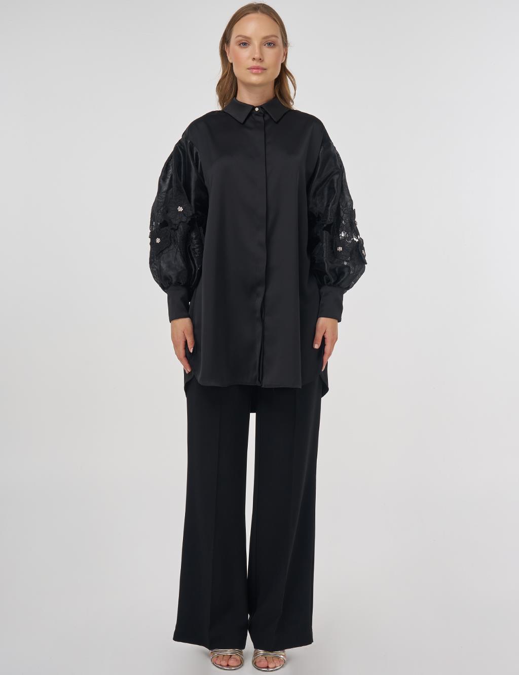 Floral Appliqué Satin Tunic in Black 