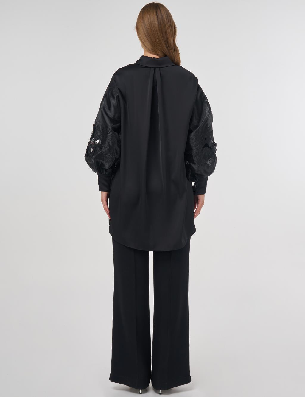 Floral Appliqué Satin Tunic in Black 