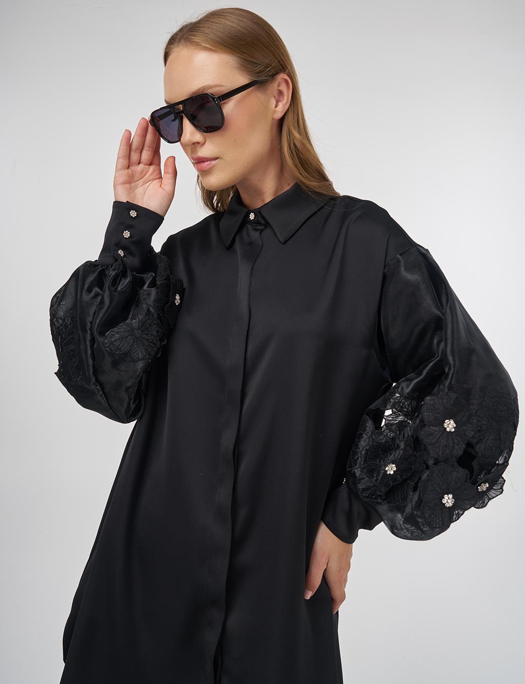 Floral Appliqué Satin Tunic in Black 