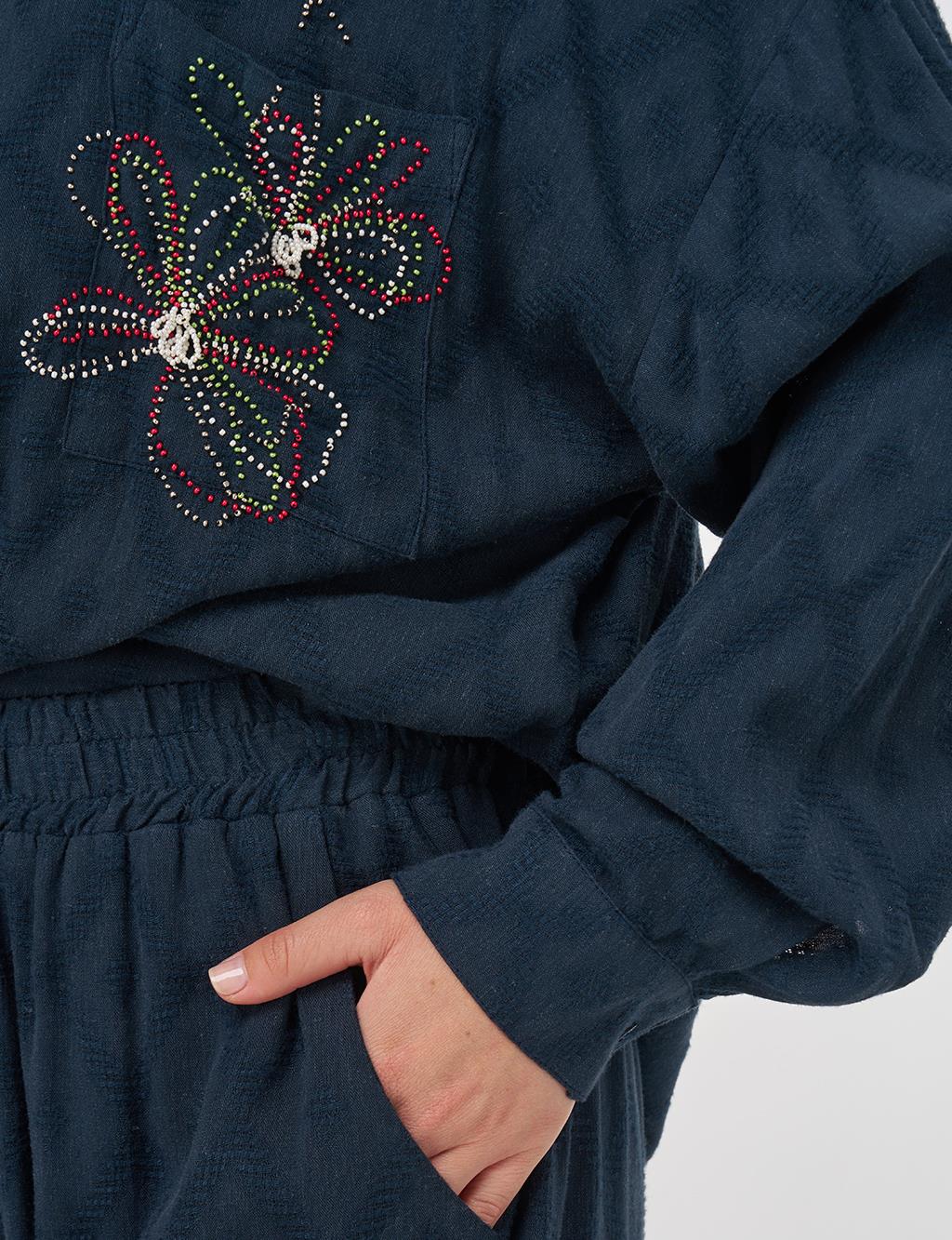 Beaded Embroidered Viscose Two-Piece Set Navy Blue