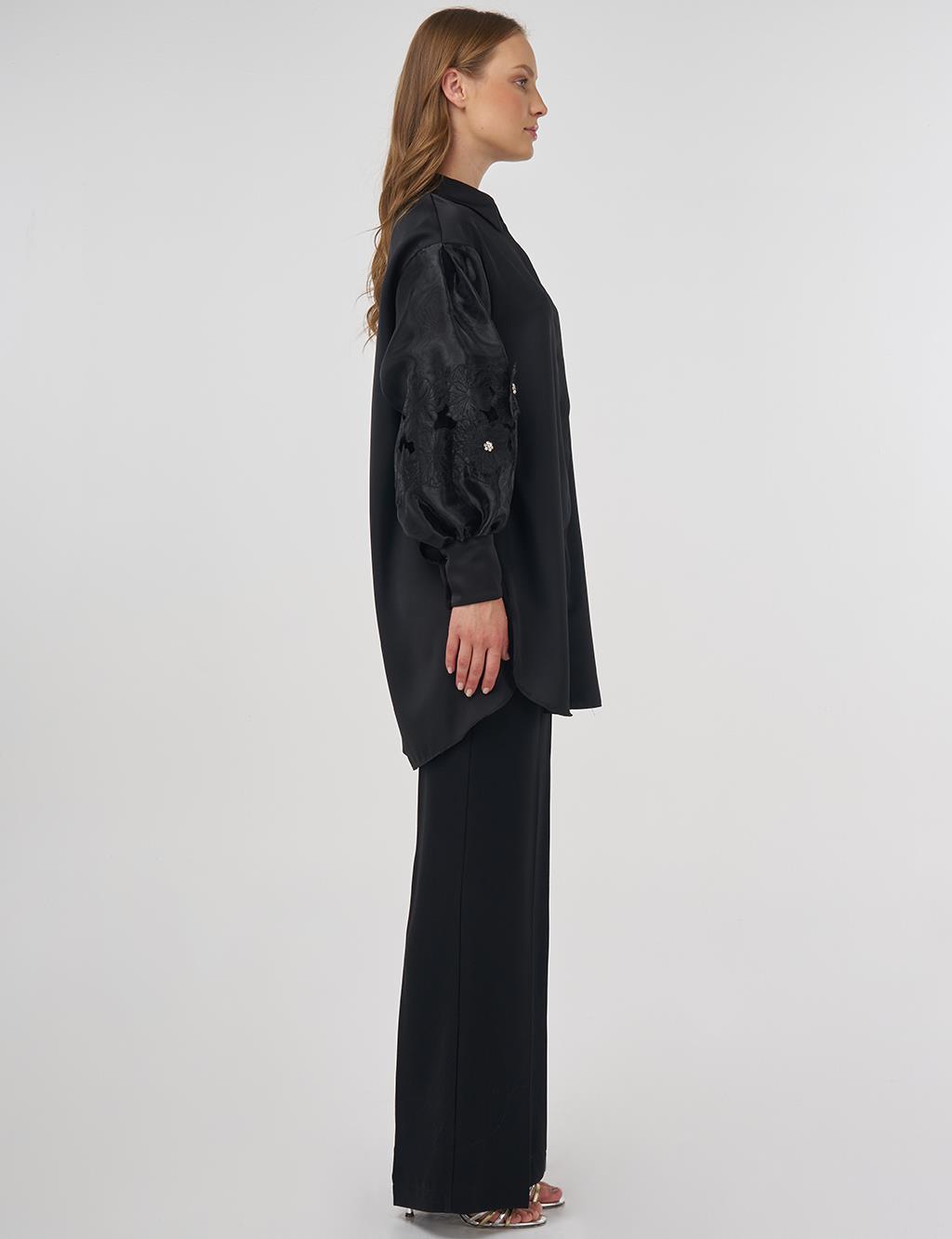 Floral Appliqué Satin Tunic in Black 