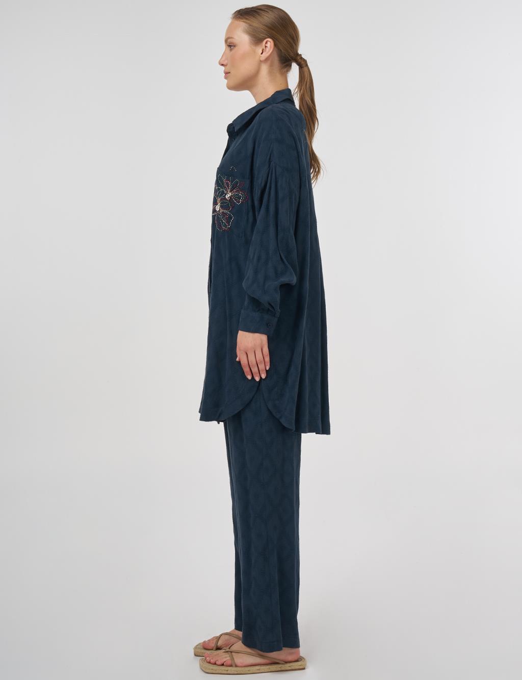 Beaded Embroidered Viscose Two-Piece Set Navy Blue