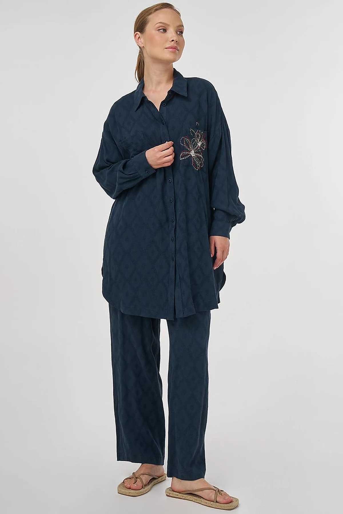 Beaded Embroidered Viscose Two-Piece Set Navy Blue