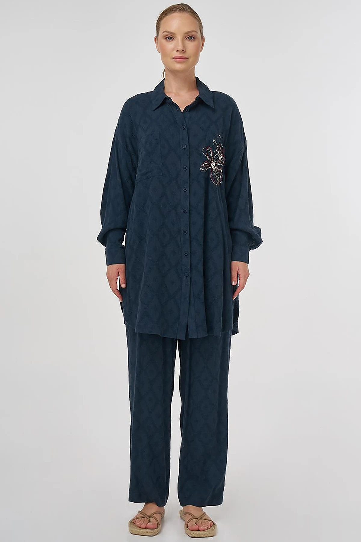 Beaded Embroidered Viscose Two-Piece Set Navy Blue