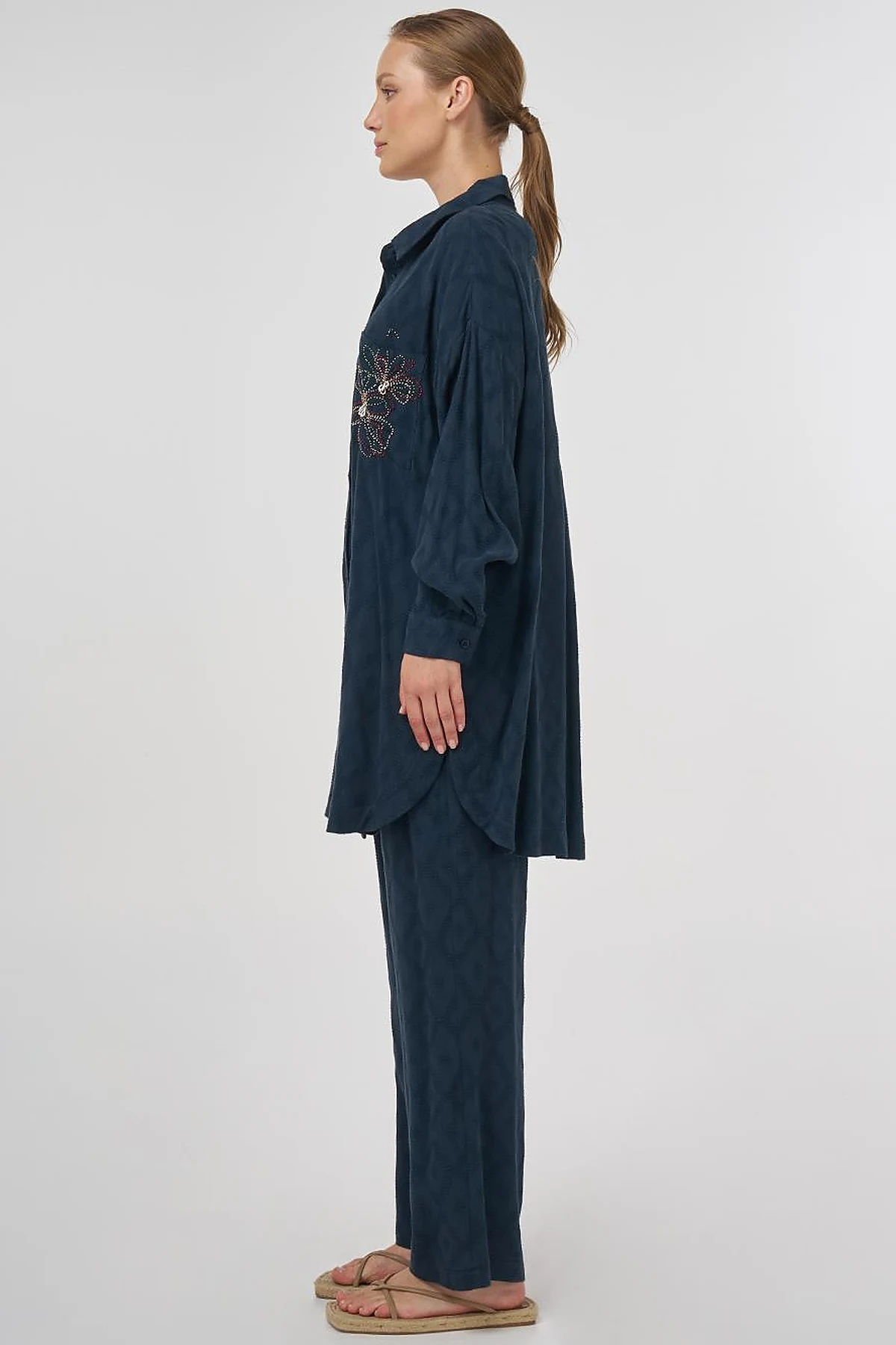 Beaded Embroidered Viscose Two-Piece Set Navy Blue