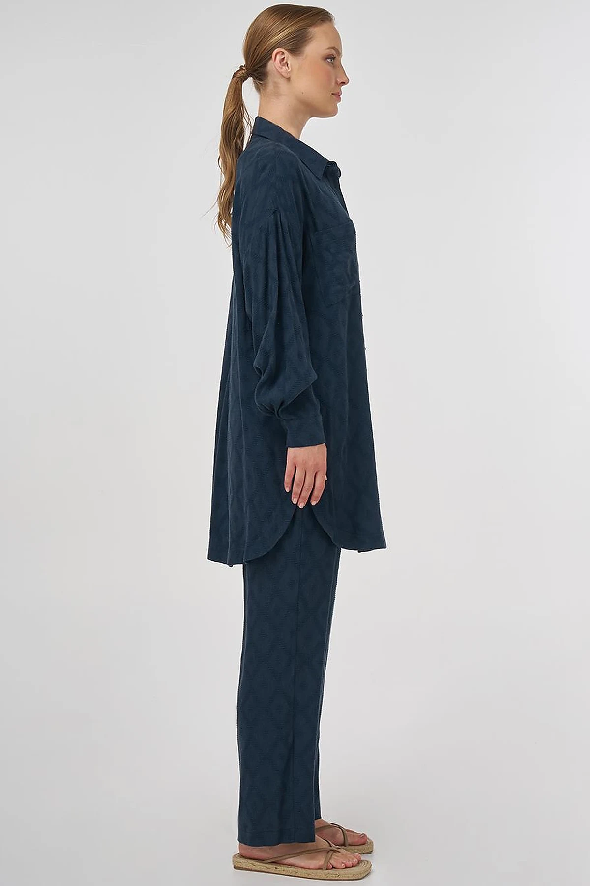 Beaded Embroidered Viscose Two-Piece Set Navy Blue