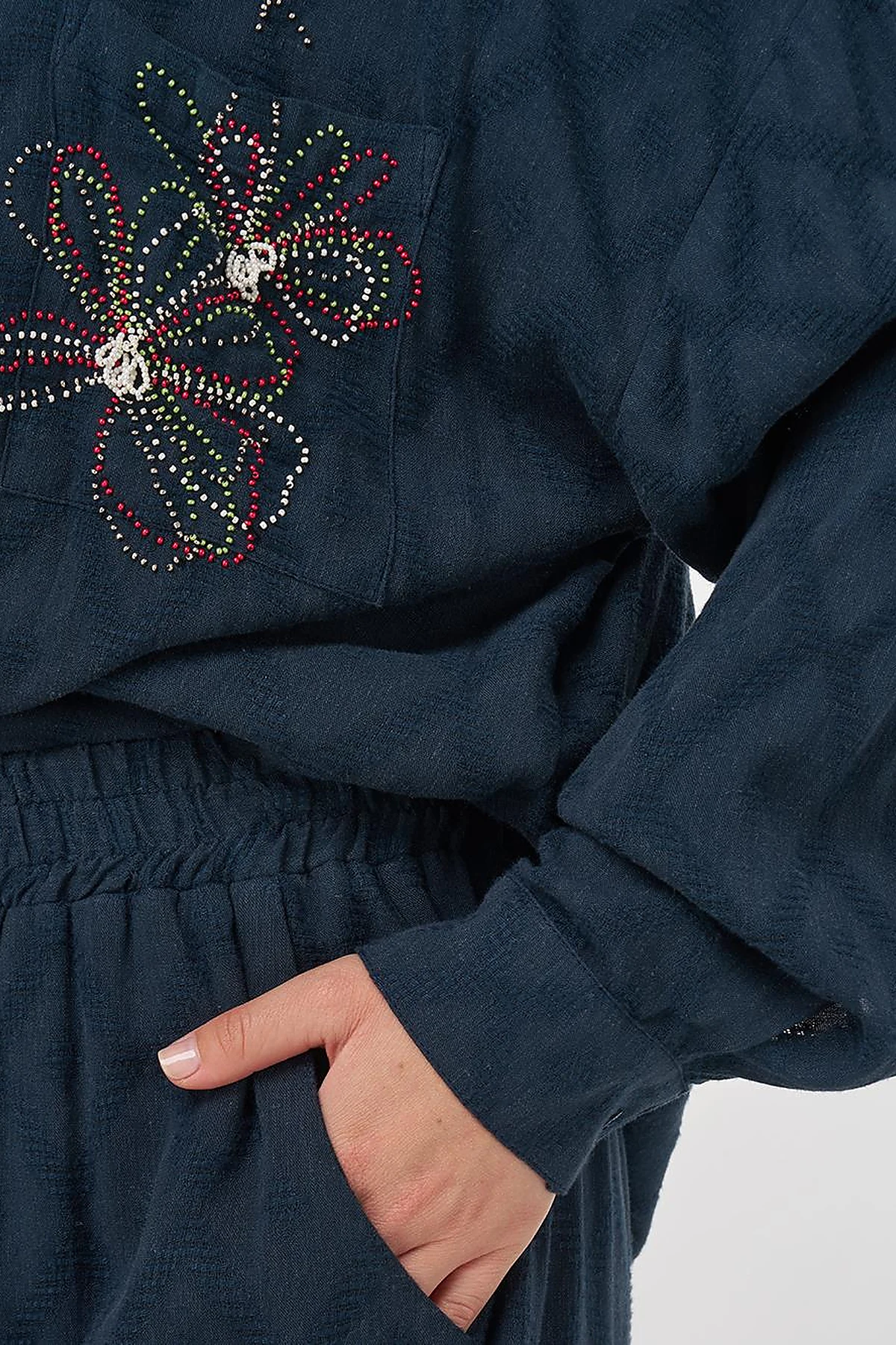 Beaded Embroidered Viscose Two-Piece Set Navy Blue