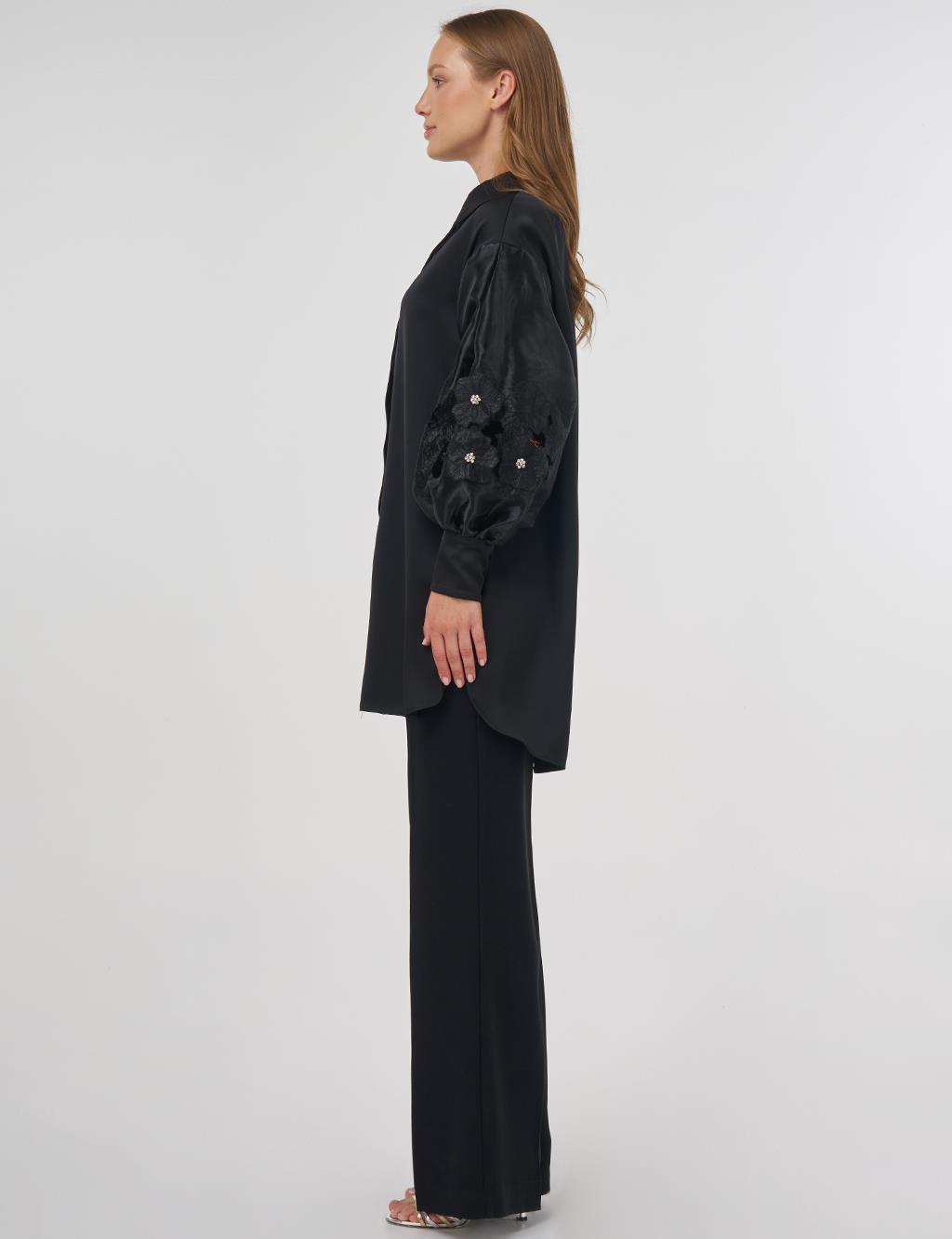 Floral Appliqué Satin Tunic in Black 