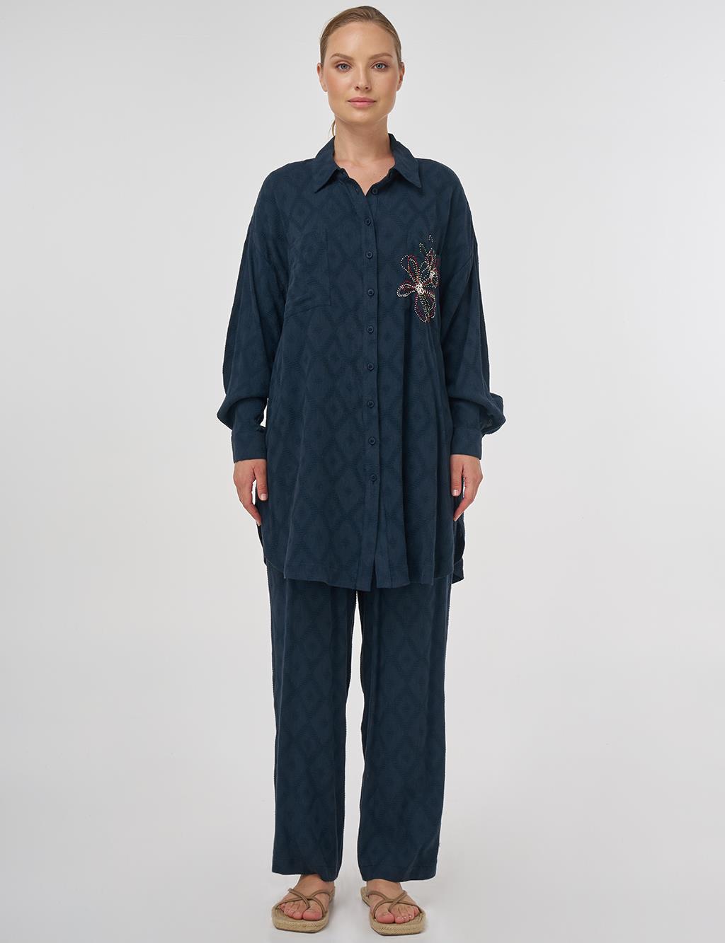 Beaded Embroidered Viscose Two-Piece Set Navy Blue