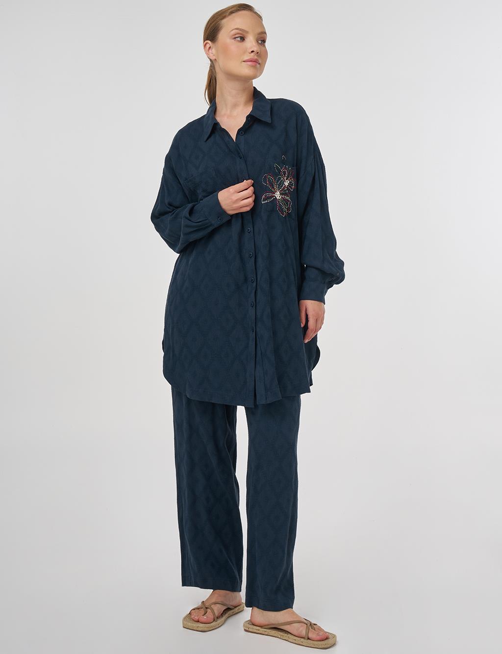 Beaded Embroidered Viscose Two-Piece Set Navy Blue