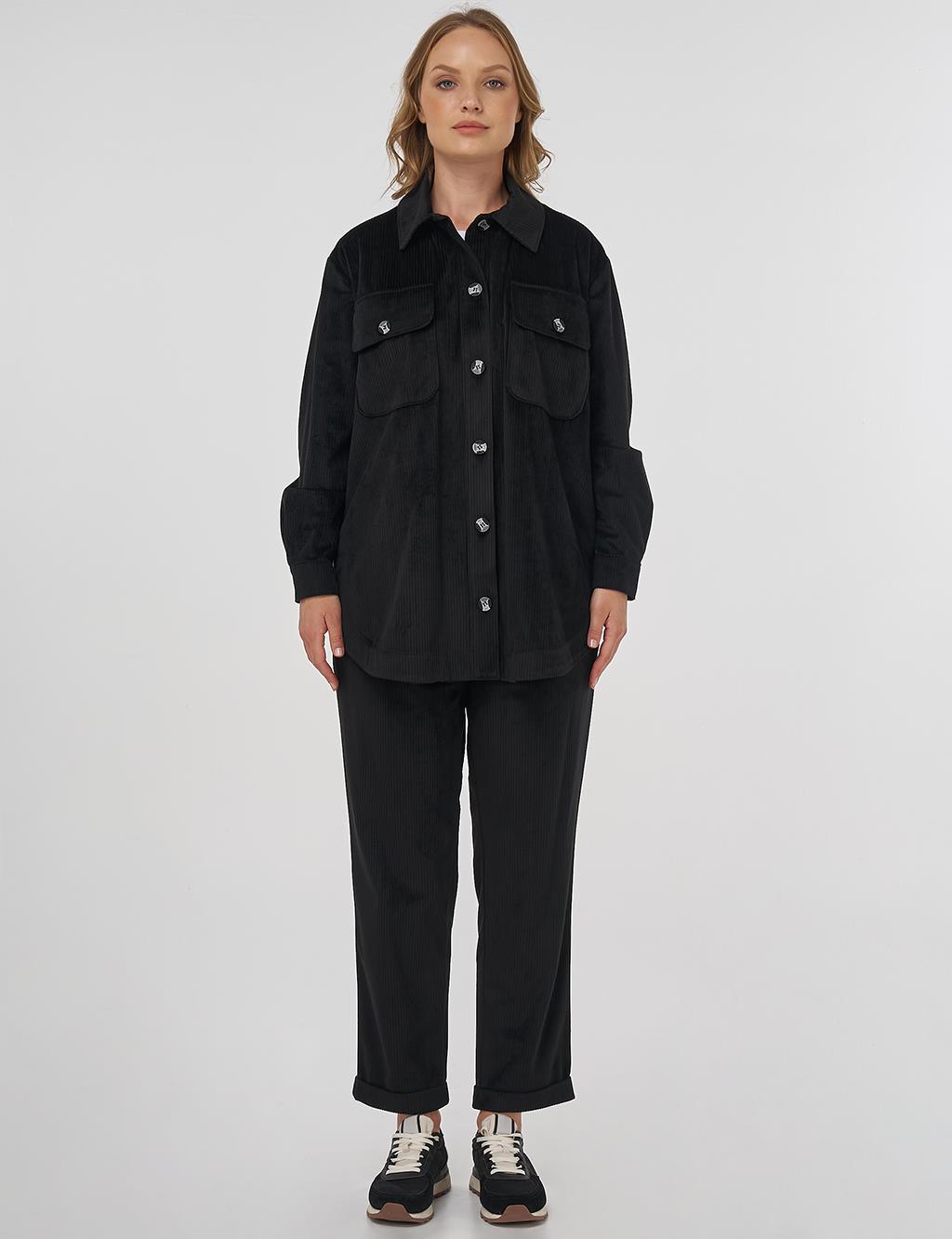 Buttoned Corduroy Set in Black 