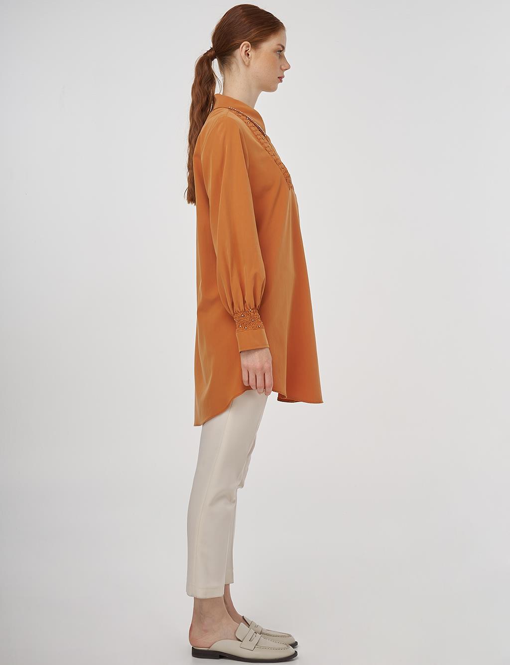 Stone-Embellished Shirt Collar Natural Fabric Tunic in Amber