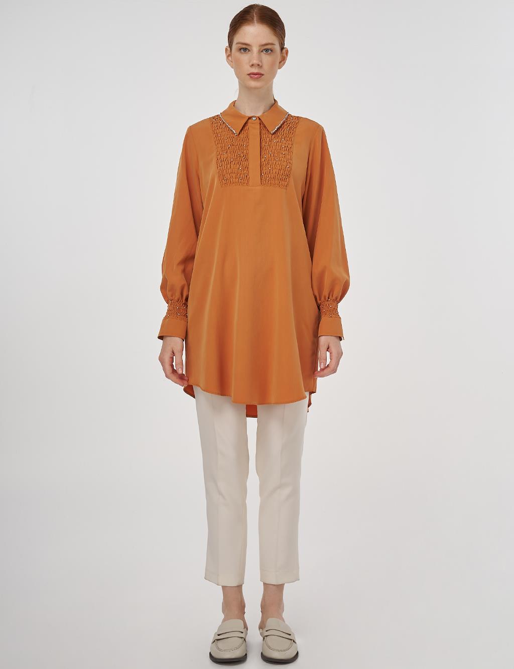 Stone-Embellished Shirt Collar Natural Fabric Tunic in Amber
