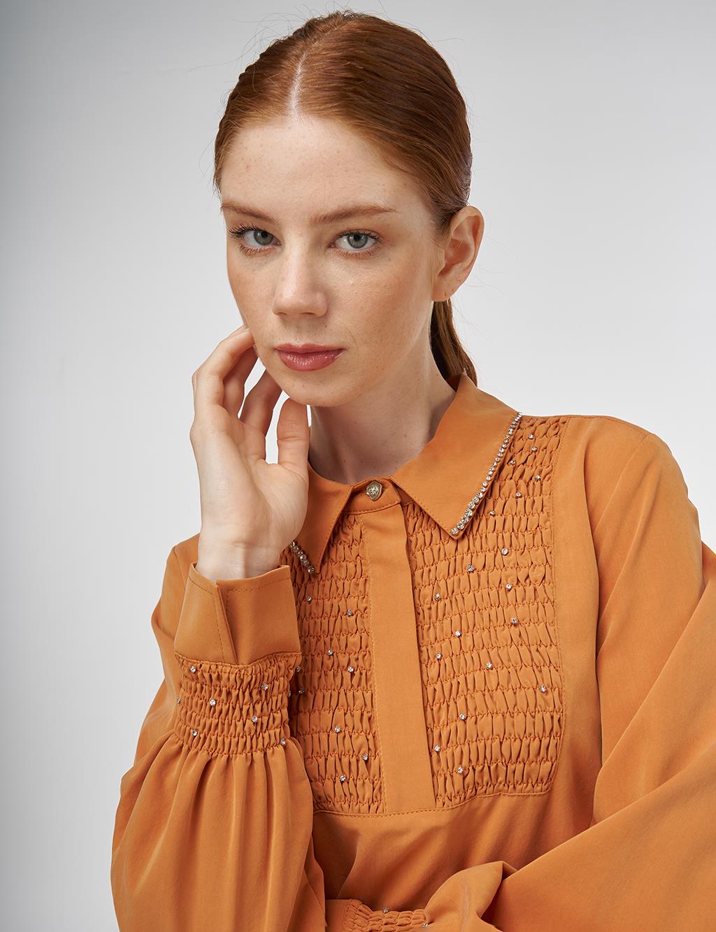 Stone-Embellished Shirt Collar Natural Fabric Tunic in Amber