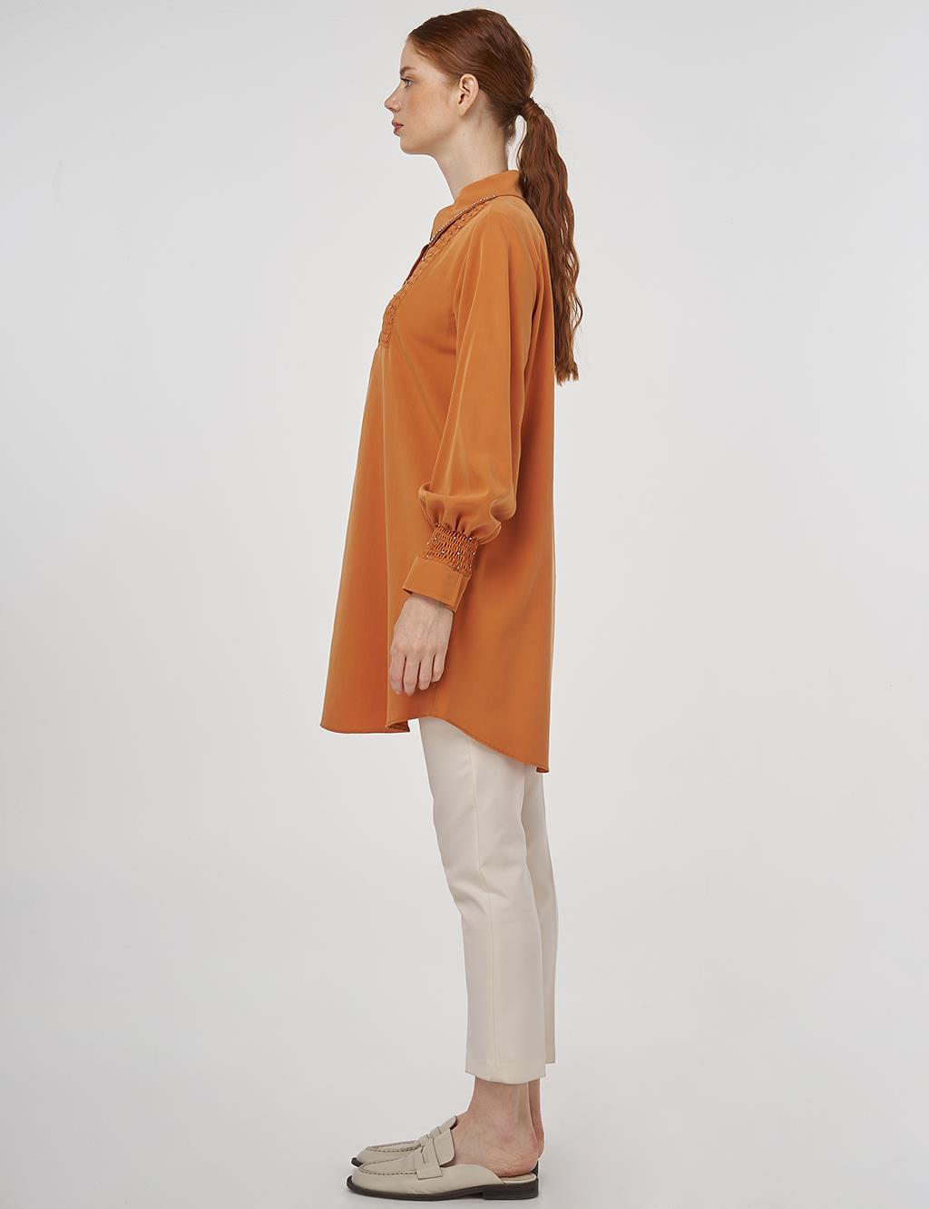 Stone-Embellished Shirt Collar Natural Fabric Tunic in Amber