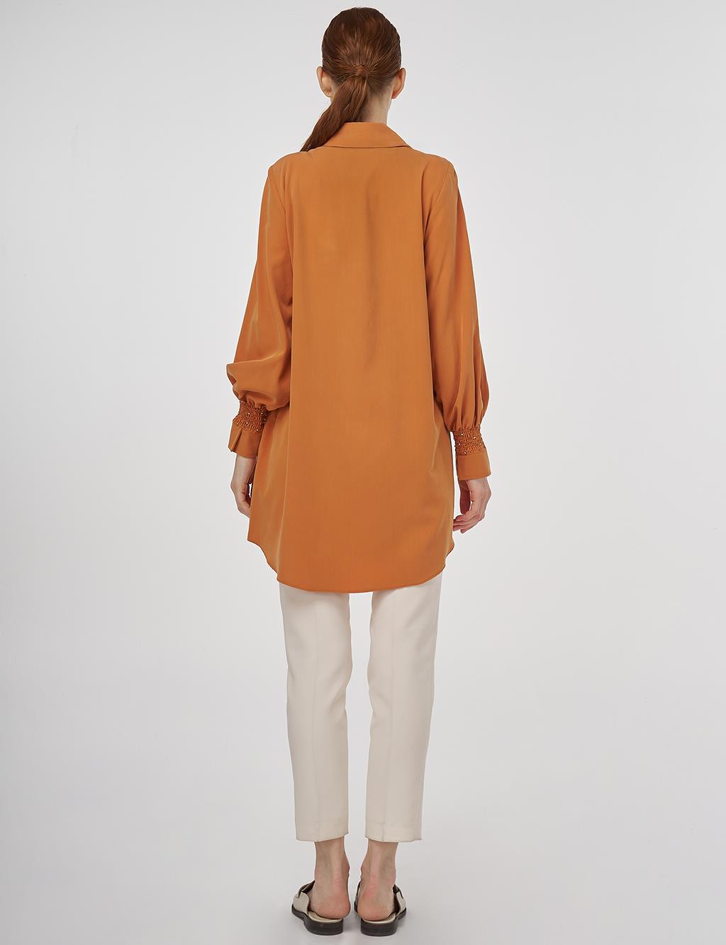 Stone-Embellished Shirt Collar Natural Fabric Tunic in Amber