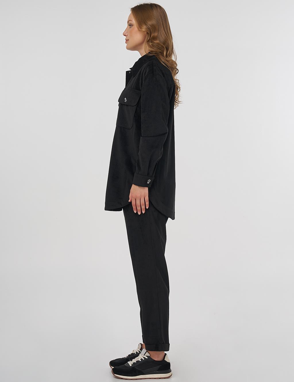 Buttoned Corduroy Set in Black 