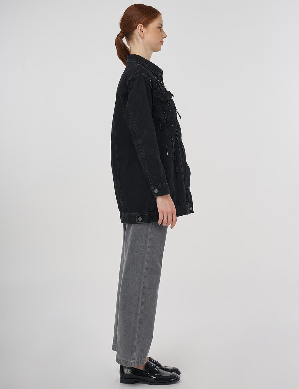 Bead Embroidered Denim Jacket in Black
