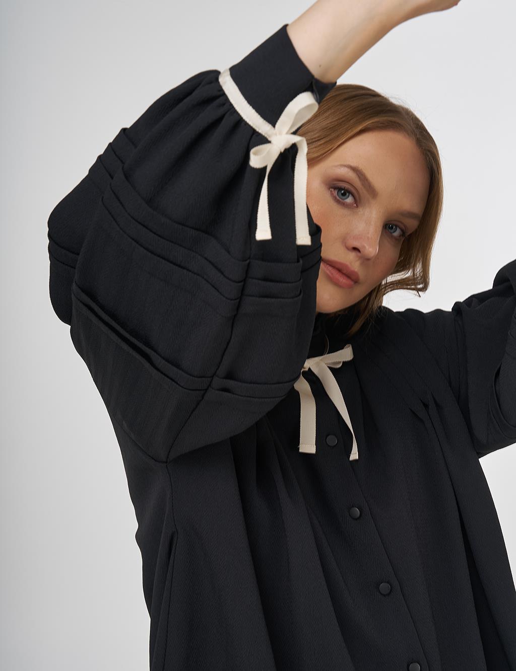 Pleated Detail Tie Blouse Black
