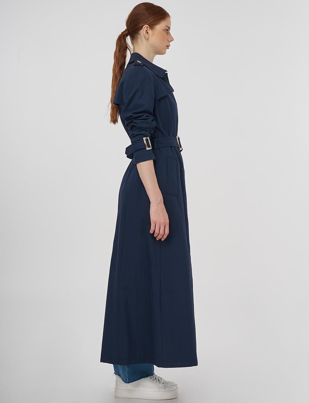Shirt Collar Trench Coat Dark Navy Blue
