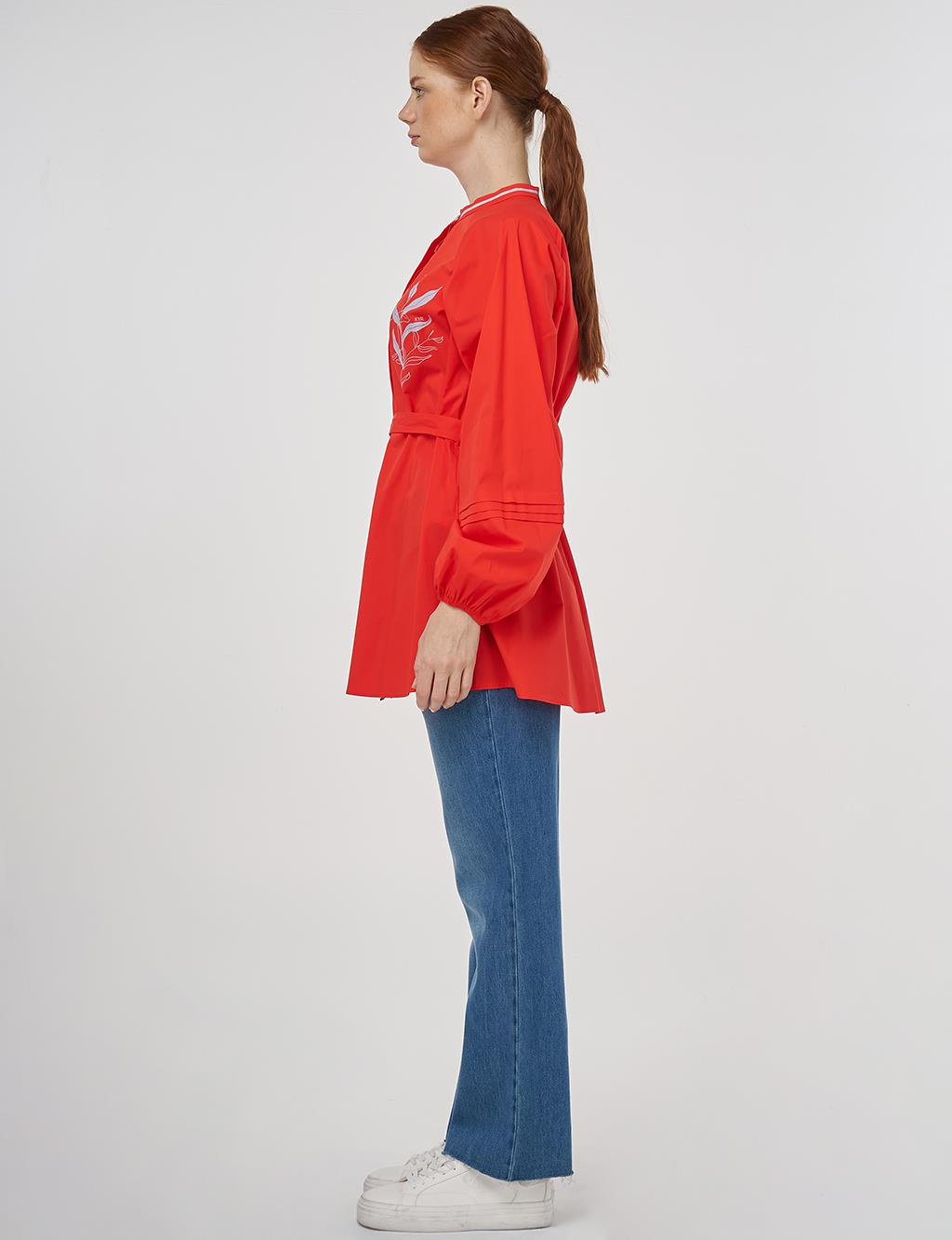 Ribbed Detailed Cotton Tunic Coral