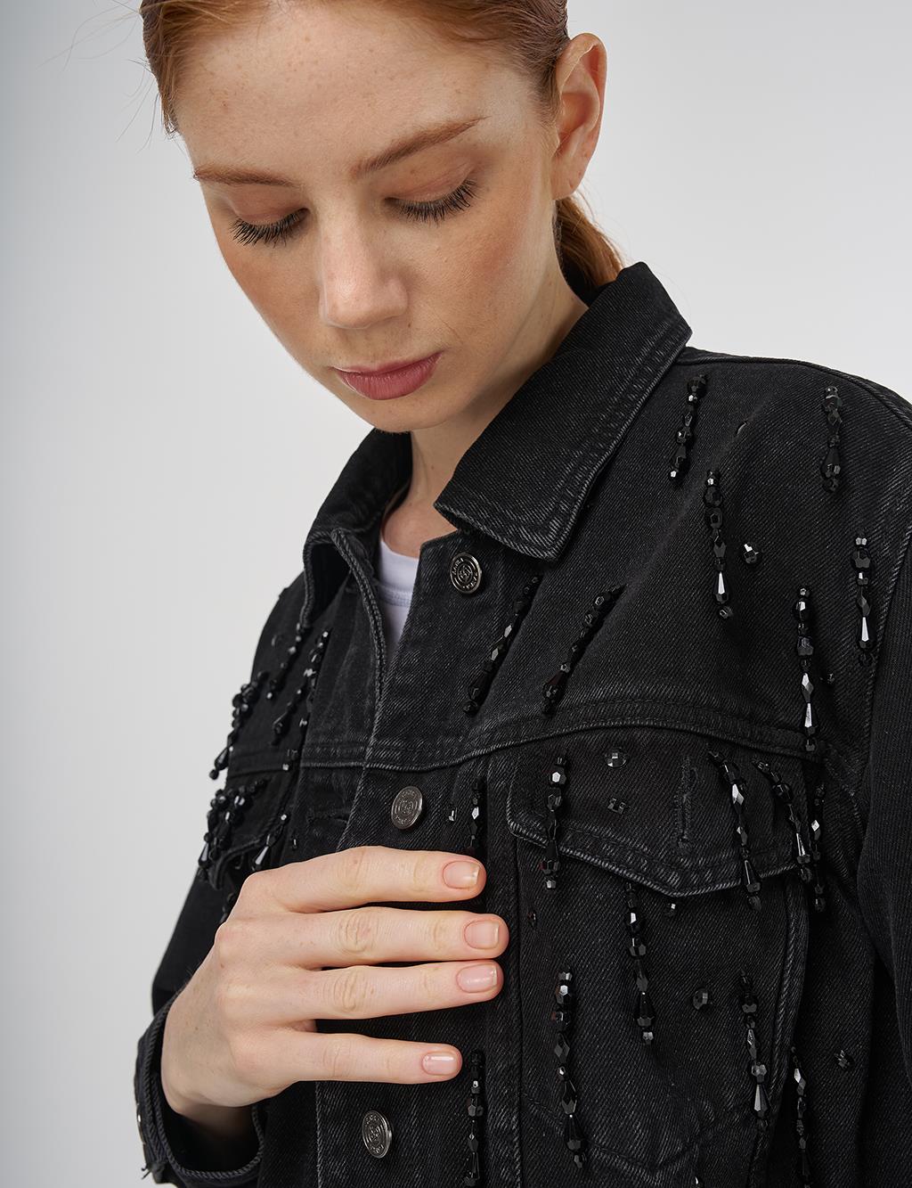 Bead Embroidered Denim Jacket in Black