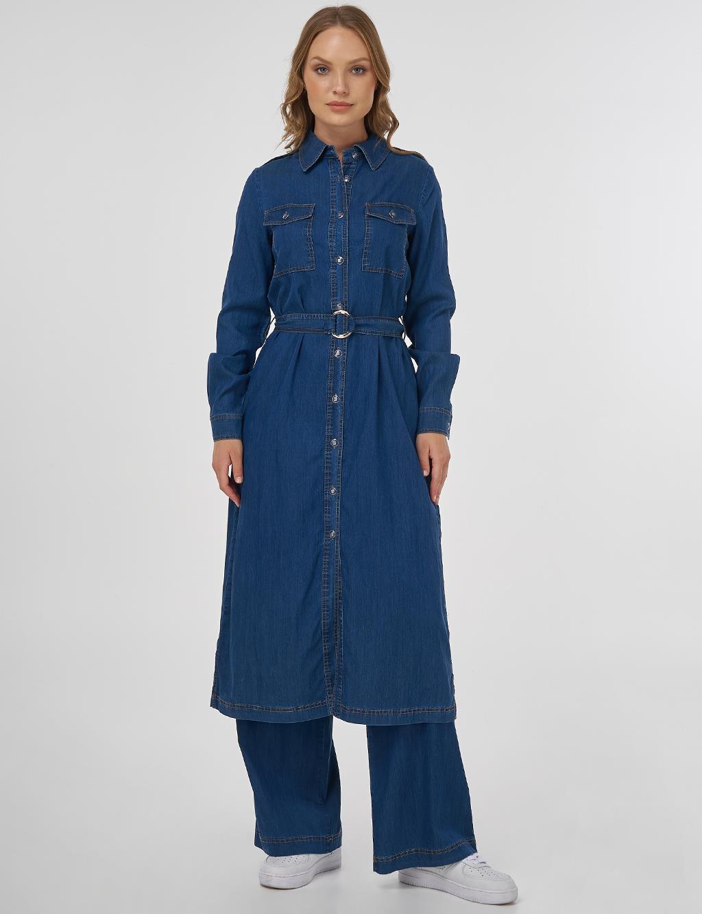 Metal Aksesuarlı Lyocell İkili Takım Lacivert