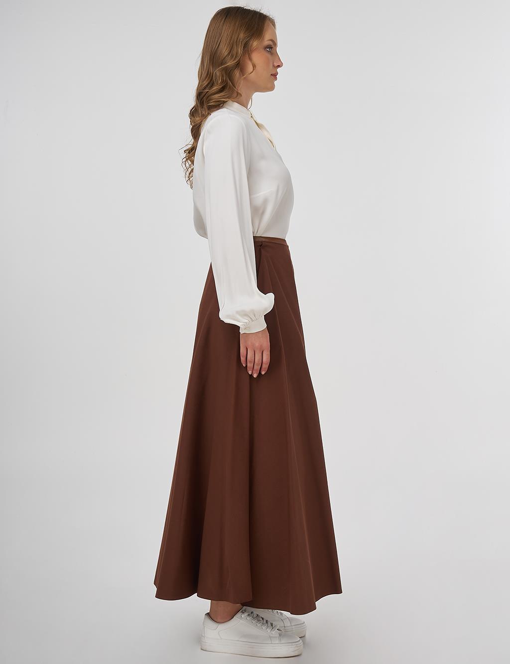 Piped Detail Flared Skirt Brown