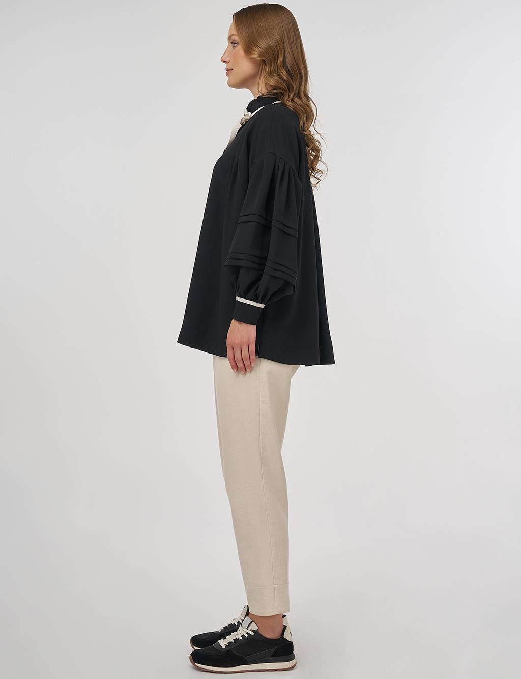 Pleated Detail Tie Blouse Black