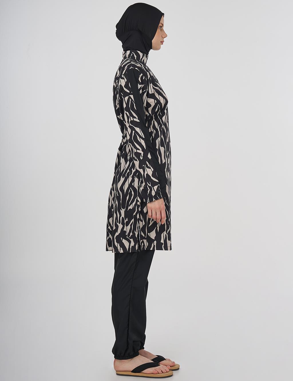 Abstract Pattern Hijab Swimsuit Black