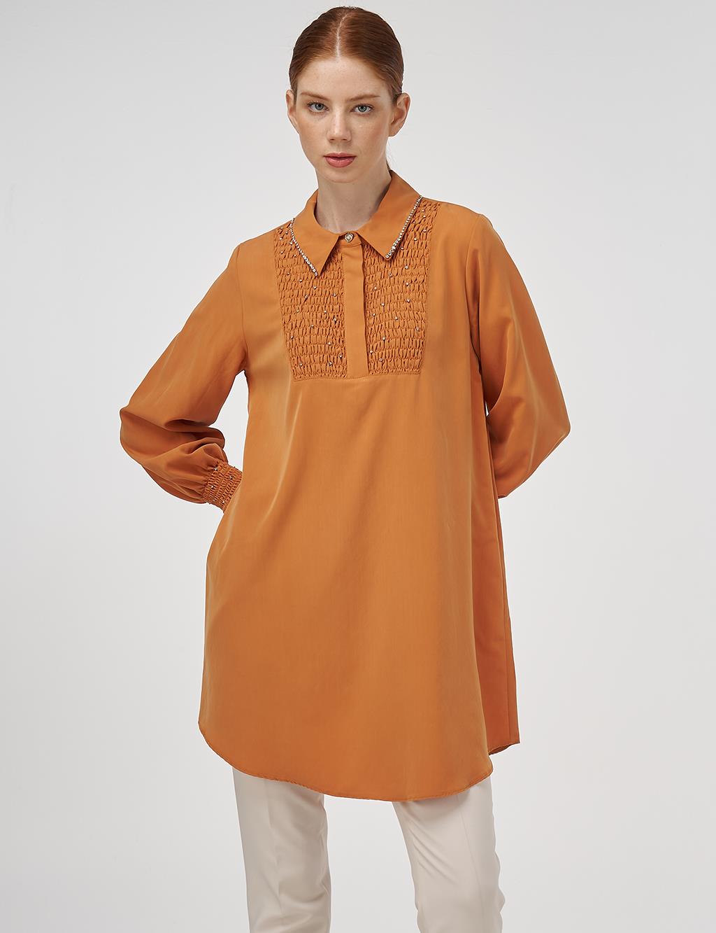 Stone-Embellished Shirt Collar Natural Fabric Tunic in Amber