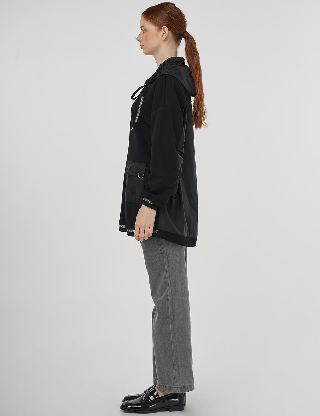 Shiny Stone Fabric Trimmed 3-Piece Sweatshirt Black