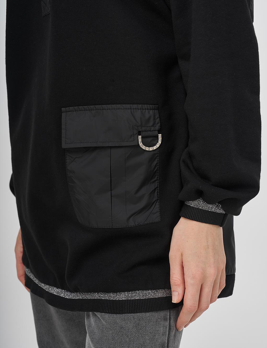 Shiny Stone Fabric Trimmed 3-Piece Sweatshirt Black
