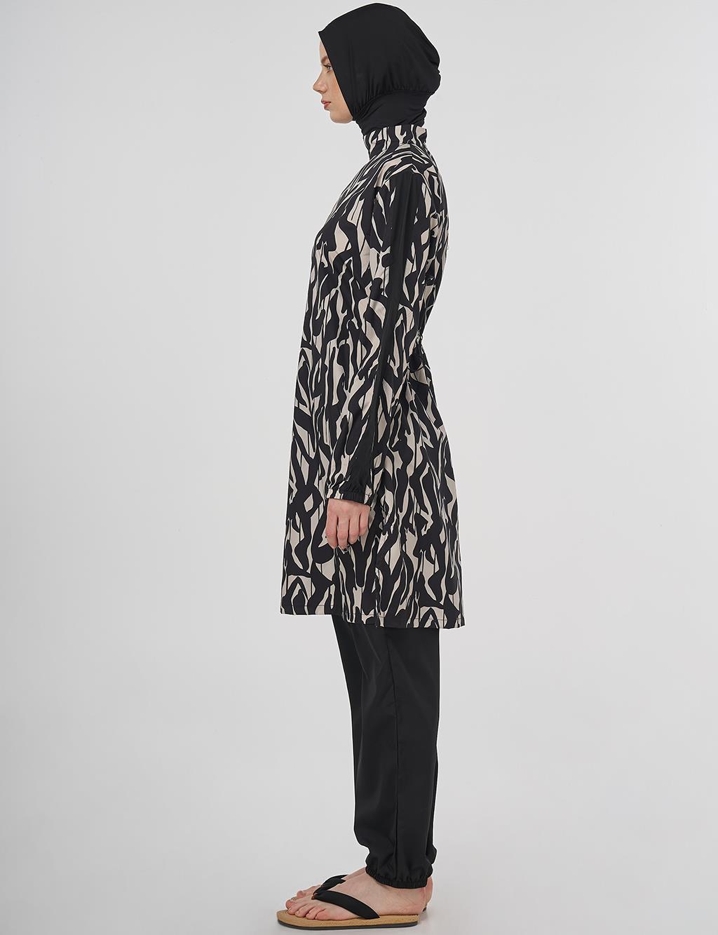 Abstract Pattern Hijab Swimsuit Black