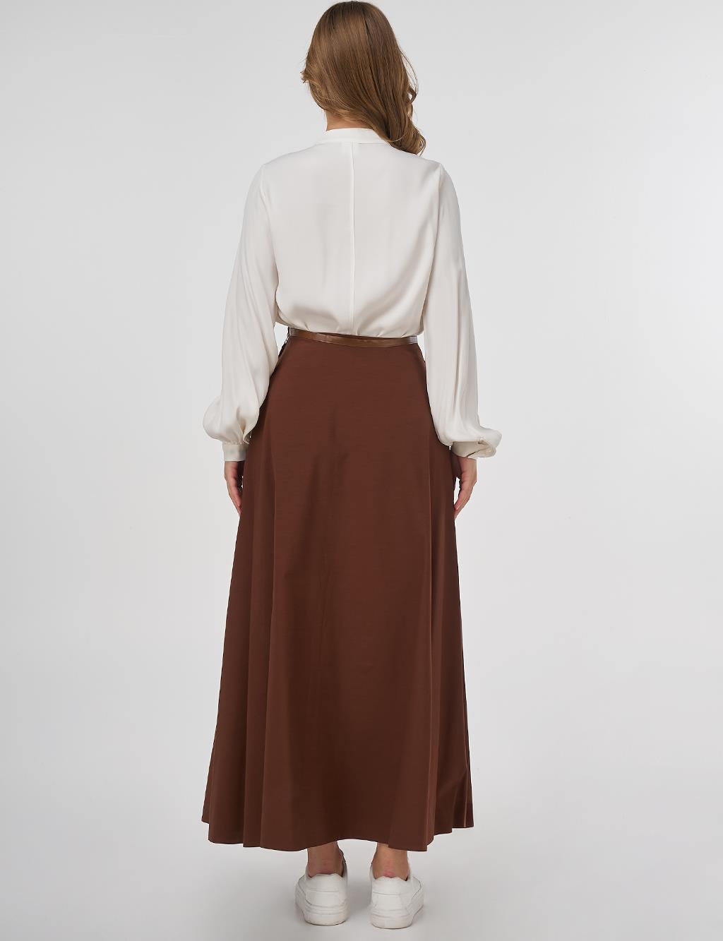 Piped Detail Flared Skirt Brown